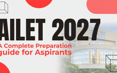 AILET 2027 complete preparation guide banner with law college building background for aspirants.